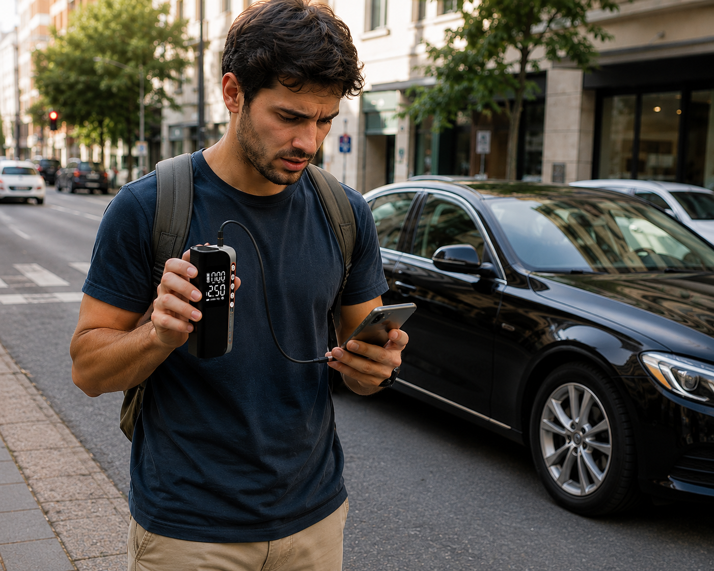 compresor de aire portátil para coche de 160 PSI con detección de presión, luz LED de emergencia