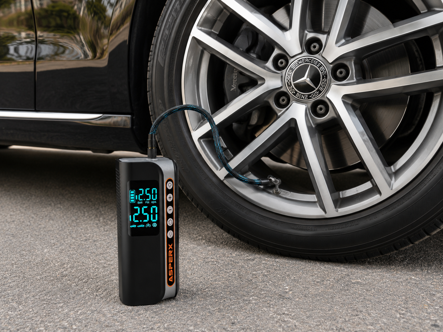 compresor de aire portátil para coche de 160 PSI con detección de presión, luz LED de emergencia