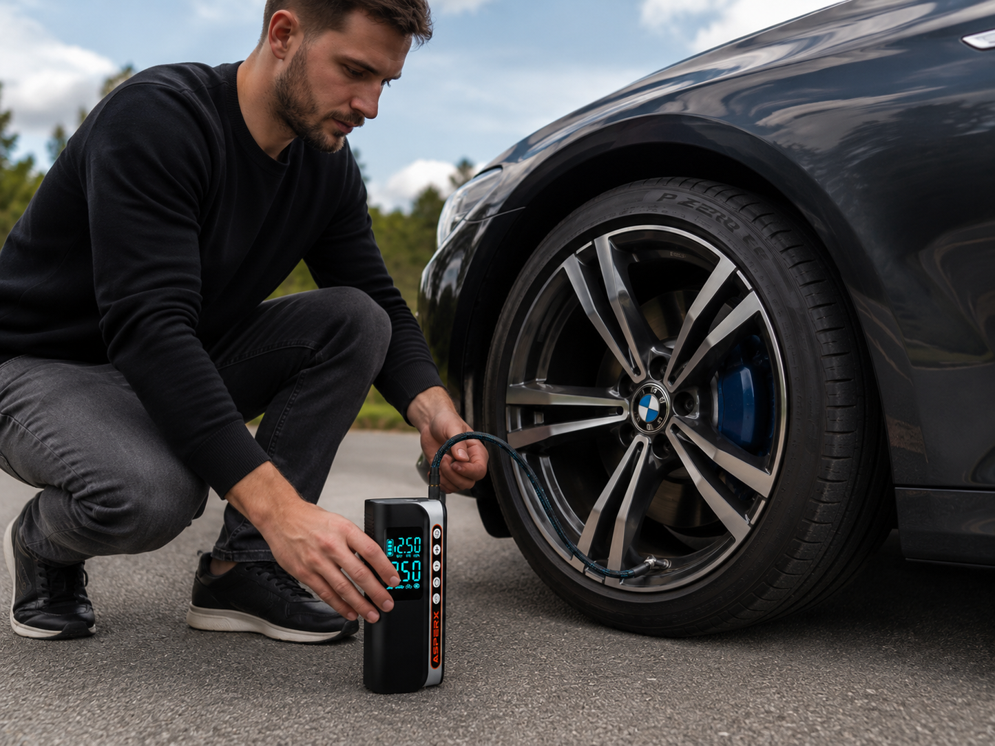 compresor de aire portátil para coche de 160 PSI con detección de presión, luz LED de emergencia