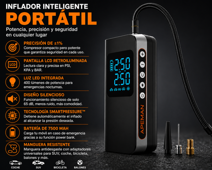 compresor de aire portátil para coche de 160 PSI con detección de presión, luz LED de emergencia