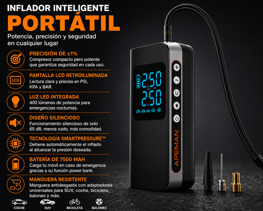 compresor de aire portátil para coche de 160 PSI con detección de presión, luz LED de emergencia